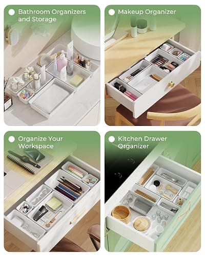 BiuLeon 25 PCS Plastic Drawer Organizers Set, 4-Sizes Vanity and Makeup Organizer, Desk and bathroom Drawer Organizer Trays, Organizers and Storage for Makeup, Jewelry, Gadgets, Utensils (White) thumbnail 7
