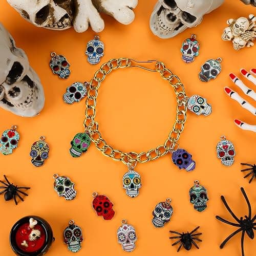 XJWWHZ 64Pcs Halloween Skull Charms, Halloween Alloy Charm Enamel Pendant Charms for Jewelry Making, Bracelet, Earring thumbnail 7