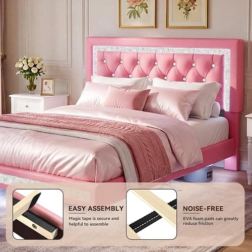 FreeHouse Floating Bed Frame Queen with LED Lights, Faux Leather Upholstered Bed Frame with Diamond Tufted Headboard, Solid Wood Slats, Noise Free, No Box Spring Needed, Easy Assembly,Pink thumbnail 9