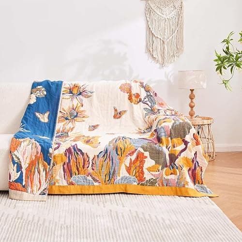 XIBLC Boho Throw Blanket, 100% Cotton Ultra Soft Luxury Throw Rustic Quilt, 60"x80" Floral Bird Butterfly Farmhouse Decor Bed Blankets, All Season Rustic Reversible Bohemian Throw for Bed - Yellow thumbnail 4