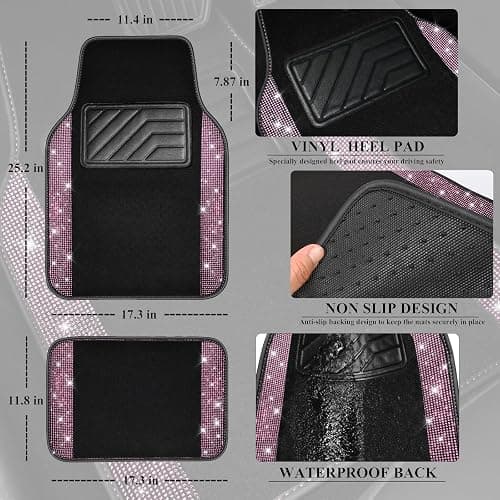 CAR PASS Bling Diamond Car Floor Mat Shining Rhinestones Carpet, Sparkly Glitter Crystal Anti-Slip PVC Heel Pad Automotive Universal Fit for SUV Sedan Car Van, 4pcs for Girl Cute Women, Black Pink thumbnail 5