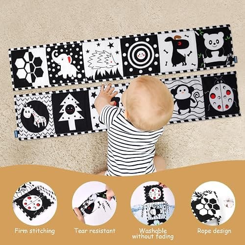 Vicloon Black & White Stoff-Buch,Bilderbuch aus Stoff,Schwarz Weiß Doppelseitig Baby Stoffbuch,Baby Spielzeug 0 6 Monate,Wahrnehmungs-Lernspielzeug,Geschenke für Babys -Tierstil thumbnail 3