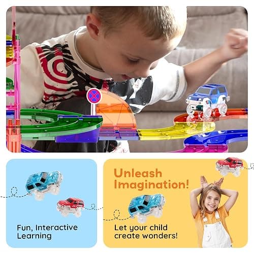 PicassoTiles 100 PCs Race Car Track Set Magnetic Toy Building Block with 2 LED Cars with Height Adjustable Roads Signs Education STEM Building Kit Learning Construction Fun for Boys & Girls Ages 3+ thumbnail 3