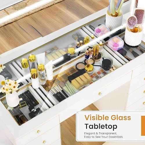 Fkhouse 11 Drawers Glass Top Vanity Desk, Crystal Handles Makeup Vanity with Mirror and Lights, Dressing Table with Power Outlet, Adjustable Lighting Modes, White thumbnail 4