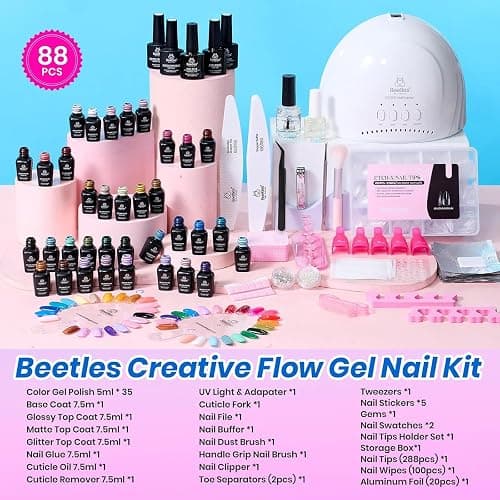 Beetles Deal Box Gel Nail Polish Kit with UV Light, 35 Colors 88pcs DIY Set | Gel Nail Kit and Almond Nail Tips, TPO Free HEMA Free Gel Polish Set with Bigger UV Lamp, 3 Top Coat Effects Creative Flow thumbnail 3