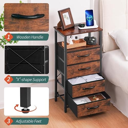 Yoobure Night Stand - LED Rustic Nightstand with Charging Station, Bedside Table with 4 Storage Drawers and Storage Shelf, End Table with USB Ports and Outlets thumbnail 6