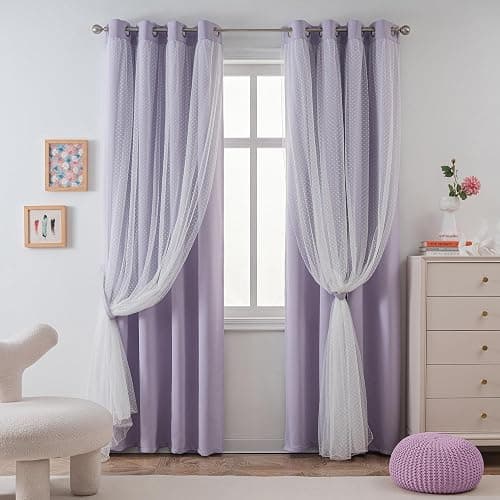 MYSKY HOME Cute Lilac Curtains for Girls Bedroom & Nursery Kids Purple Lavender Blackout Curtains Double Layer with Polka Dots Sheer, Grommet Tops, 52x84 Inch, 2 Panels thumbnail 2