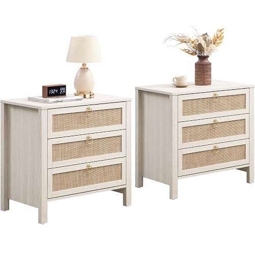 SICOTAS Nightstand Set of 2 with Drawers, Rattan Nightstands, Large Modern Boho Night Stand Wide Bedside Tables for Bedroom - Image 1