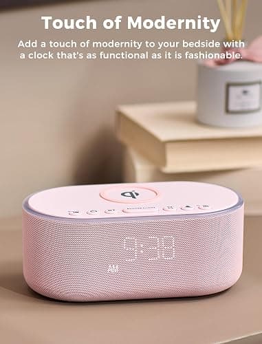 Odokee Wireless Charging Alarm Clock Radio: Qi Certified Fast Wireless Charger for iPhone Samsung - 10W Stereo Bluetooth Speaker - Dimmable Digital Clock with FM Radio for Bedroom Pink thumbnail 7