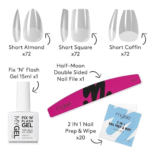 Mylee Fix N Flash Soft Gel Tips Kit - Nail Art Extensions, 3 Shapes, 216Pcs | LED Torch Lamp, USB Rechargeable, Movable Head, Prep Wipes & Half-moon Nail File, Full Cover thumbnail 2