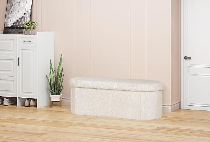 PINPLUS Storage Ottoman Bench Tufted Oval Ottomans Bench Foot Rest, Chest Box Velvet Bench with Storage, 43"x15"x15" (White) thumbnail 6