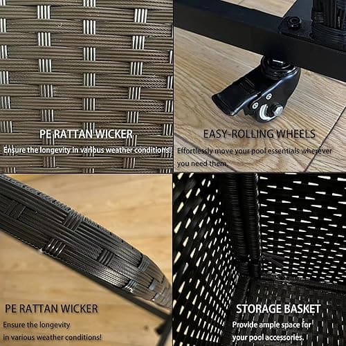 EUNHOO Rolling Poolside Float Storage, Pool Storage Bin, Outdoor Storage Organizer PE Rattan Pool Towel Rack for Floaties, Pool Accessories and Patio furniture Black - Black thumbnail 4