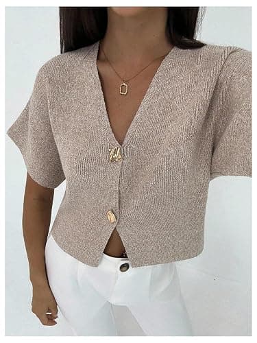 SOLY HUX Women's Short Sleeve Office Spring Winter Cardigan Sweater Button Down V Neck Slim Fit Elegant Knit Tops thumbnail 5