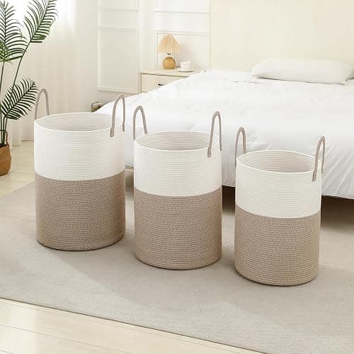 Laundry Basket Hamper Tall Rope Storage Woven for Blanket Toys Dirty Clothes in Living Room Bathroom Bedroom White & Brown 60L/15.8Gal thumbnail 6
