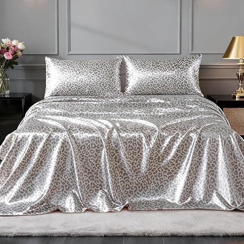 FreshCulture Satin Sheets Full Size - 4 Piece Luxury Soft Silky Full Size Bed Sheets, Similar to Silk Bed Sheet Set with 1 Deep Pocket Fitted Sheet, 1 Flat Sheet & 2 Pillowcases (Leopard) thumbnail 2