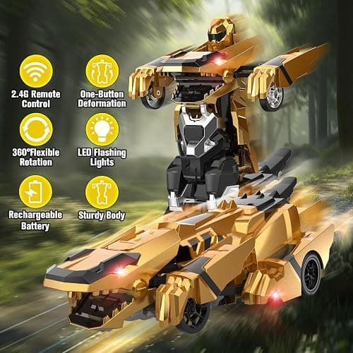 Kroyedfuw Dinosaur Transform Rc Cars, 2.4Ghz Remote Control Car Transforming Robot with Flashing Light, 360° Rotation One Button Deformation Car Toy Gifts for Boys Age 4-7 8-12 thumbnail 5