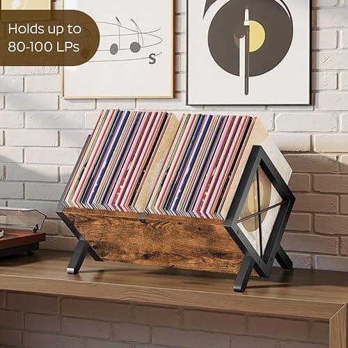 YATINEY Vinyl Record Holder, Record Storage Rack Holds 80-100 LP，Wooden and Metal Record Organizer, Quick Assembly Magazine Holder for CDs, Magazine, Albums, Rustic Brown and Black CJ06BR thumbnail 2