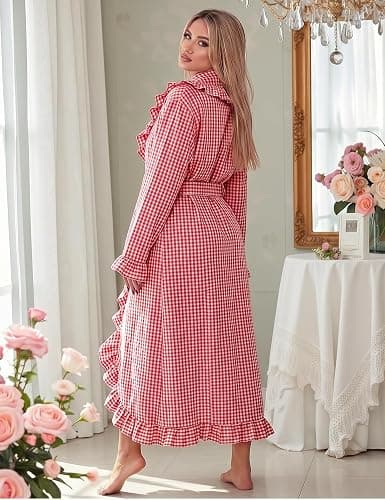 Gihuo Cotton Robes for Women Gingham Long Sleeve Ruffle Trim Bathrobe | Womens Robes Lightweight, Summer Robe, Plaid Bathrobe, Loungewear Sleepwear, Checkered Ruffle Housecoat thumbnail 6