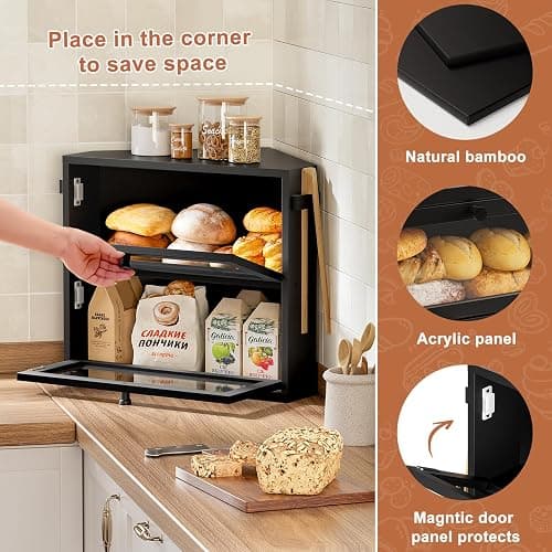 WOWLIVE Corner Bread Box for Kitchen Countertop, Large Double Layer Bread Storage Container for Homemade Bread, Black Bread Holder for Kitchen Counter, Under Cabinet Organizer (Black, Medium) thumbnail 4