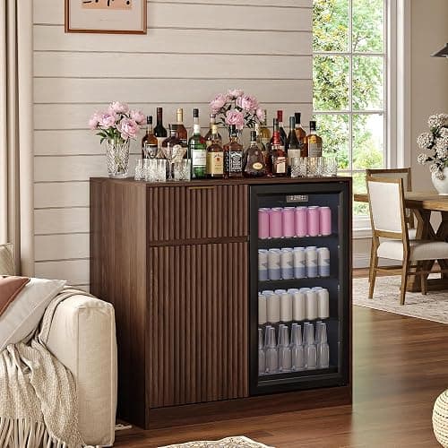 Mini Fridge Cabinet with Power Outlet, Coffee Bar Cabinet with Fridge Space & Wine Glass Rack, Fluted Buffet Sideboard with Drawer & Adjustable Shelf, Home Bar Cabinet for Living, Dining Room Kitchen - Image 1