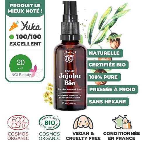 BIONOBLE Huile de Jojoba Bio Pressée à Froid 100% Pure - Équilibre le Sébum, Adoucit, Anti-Acné - Huile Jojoba Cheveux, Visage et Corps - Vegan Oil - Flacon Verre avec Pompe et Pipette - 50ml thumbnail 2