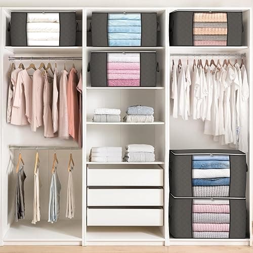 90 L Large Storage Bags, 6 Pack Clothes Storage Bins Foldable Closet Organizers Storage Containers with Reinforced Handle for Clothing, Blanket, Comforters, Bed Sheets, Pillows and Toys (Gray) thumbnail 2