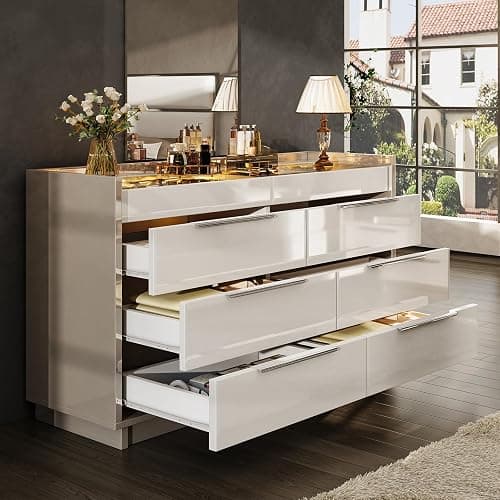 AMERLIFE 47.2" W 8-Drawer Dresser with Glass Top, High Gloss, Cream & Grey | Wide Dresser, 2 Jewelry Drawers, LED Lighting, Spacious Storage Chest, Bedroom Organizer - Image 1