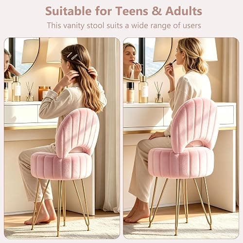 Garvee Vanity Stool Chair with Storage and Folding Back,Faux Fur,Pink,Small | Soft Ottoman,Modern Chairs for Makeup,Vanity Bench,Metal Legs,Adjustable Feet,for Living Room,Bedroom,Makeup Room thumbnail 7