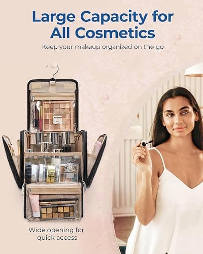 BAGSMART Makeup Bag for Women with Hanging Hook - Portable Cosmetic Case, Large Capacity Door Room Essentials Travel Organizer for Full Sized Cosmetics and Toiletries, Black thumbnail 3