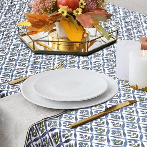 Newtay 60'' x 90'' Hand Block Print Mahjong Table Cloth Square Cotton Floral Tablecloth Washable Print Rectangle Table Cover with Dust Proof for Kitchen Dining Party(60'' X 90'',Light Steel,Blue) thumbnail 4