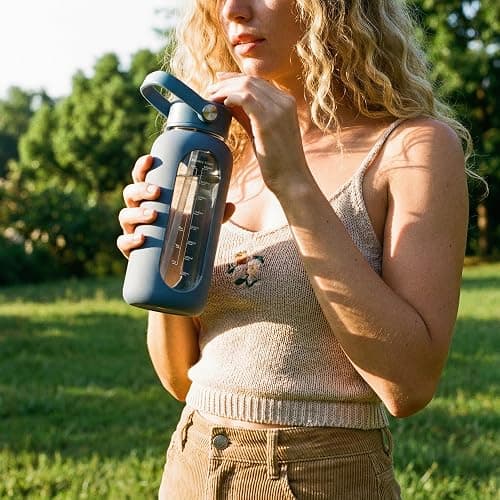 CIVAGO 40 oz Glass Water Bottle with Detachable Straw and Time Maker | Motivational Large Flask Cup with Handle, Leakproof Lids, Wide Mouth, Silicone Sleeve, Tumbler for Juice, Black thumbnail 2