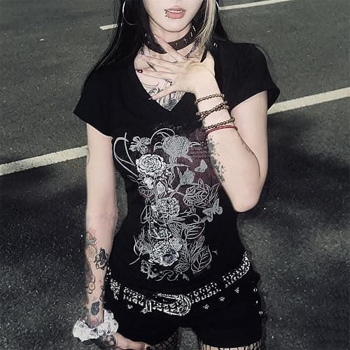 VnimVinter Grunge Shirt 2000s Clothing Teen Girls Women Vintage Graphic Y2k Short Sleeve Goth Tee Emo Clothes Streetwear thumbnail 2