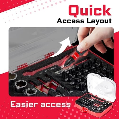 Geinxurn 34 Pieces Tool Kit with Matching Storage Box, Include 1”/2” S2 Steel Magnetic Screwdriver Bits (Phillips/Square/Torx), Socket, Bit Holder and Mini Ratchet Wrech for Home Repairs thumbnail 5
