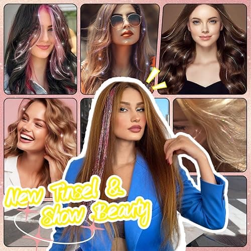 Hair Tinsel Clip in Dreamy Colorful Fairy Hair Tinsel Kit, 12 Pcs 24 Inch Glitter Clip in Hair Extensions for Girls Women Kids Christmas New Year Festival Party (Dreamy Colorful) thumbnail 5