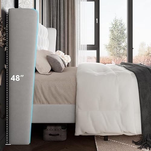 GalnFu Queen Size Bed Frame with Button Tufted Headboard, Upholstered Platform Bed Frame with UnderBed Storage, Wooden Slats Supports, Noise Free, No Box Spring Needed, Easy Assembly, White thumbnail 4