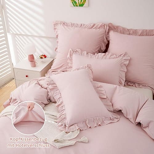 TOCOMOA Rüschen Bettwäsche 135x200 Mädchen, Aesthetic Bettwäsche-Sets Mikrofaser, Öko-Tex Zertifiziert, Weich Rosa Bettbezug mit Reißverschluss, Kopfkissenbezug 80x80cm thumbnail 6