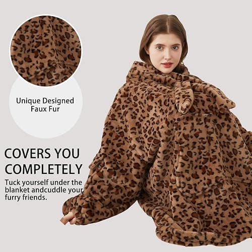 Softan Blanket Hoodie, Oversized Wearable Blanket for Adult Women and Men Gifts, Super Cozy Warm and Soft Hooded Blanket Sweatshirt, Brown Cheetah Print Faux Fur Blanket Sweatshirt with Large Pocket thumbnail 6