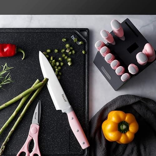 hecef Kitchen Knife Block Set, 14 Pieces Knife Set with Wooden Block & Sharpener Steel & All-purpose Scissors, High Carbon Stainless Steel Cutlery Set (Pink) thumbnail 2