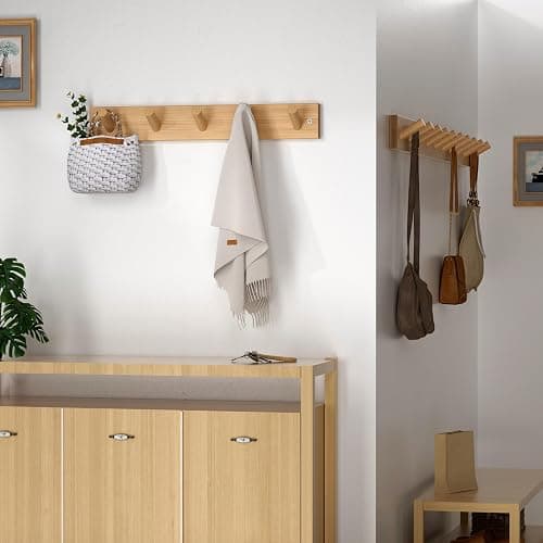SKOLOO Coat Rack Wall Mount 17 inch, 5 Hooks, Bamboo, Shaker Style, Natural | Wooden hooks for wall, painted finish, 100-lb cap, entry/bath/bed, hanging backpack coat towel hat, 16" stud spacing thumbnail 2