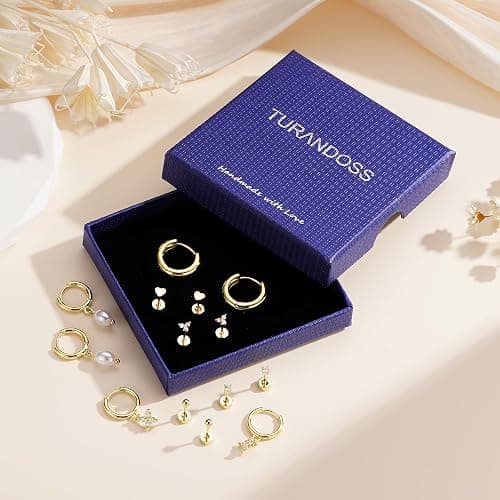 Turandoss 13 Pairs Gold Hoop Earrings for Women, Hypoallergenic 14K Gold Plated Hoop Stud Huggie Pearl Earring Set, Dainty Flat Back Cartilage Earring Stacks for Multiple Piercings thumbnail 7