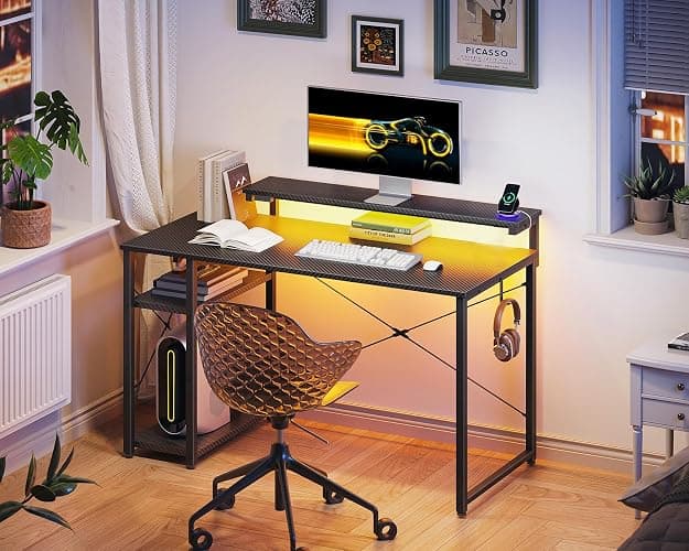 MOTPK 40 Inch Small Gaming Desk with Storage & Led Lights, Computer Desk with Shelf, Reversible Gamer Desk with Adjustable Monitor Stand, Carbon Fiber Texture Black thumbnail 7