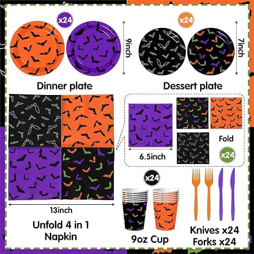 Halloween Plates and Cups Napkins, Spooky Halloween Black Bat Tableware | 144Pcs Halloween Party Plates and Napkins, Halloween Decorations Bat Tableware Set for Birthday Holiday Decor Party Supplies thumbnail 3