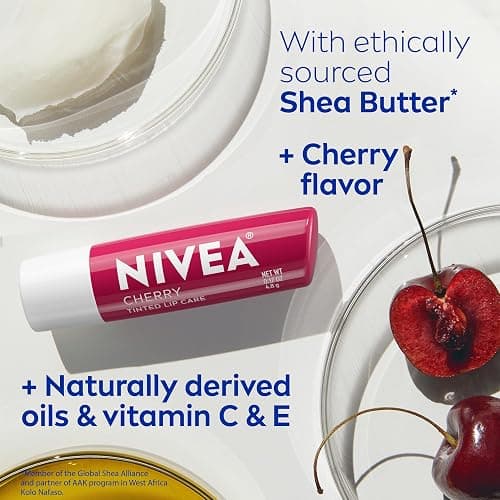 NIVEA Cherry Lip Care, Tinted Lip Balms with Shea Butter, 4 x 0.17 OZ | Ruby Tinted Lip Balm with Shea Butter, Nourishing Oils and Vitamins, 3-in-1 Moisture, Repair Dry Lips and Color, Vegan thumbnail 8