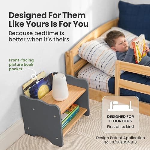 Ocodile Kids Nightstand for Floor Beds, Solid Wood Small Bedside Table with Book Pocket, Low Tiny Nightstand for Nursery, Toddler & Kids Room, Montessori Style Side Table - Gray thumbnail 4