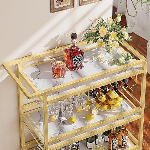 Leteuke Bar Cart for Home, 3 Tier Gold Serving Rolling Carts with Wheels, Drink Cart, Liquor Stand with Marbled Wooden Shelves, Wine Rack and Glass Holder for Kitchen, Dining Room thumbnail 2