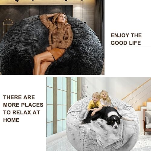 YudouTech (No Filler Bean Bag Chair Cover Without Filler,Big Round Soft Fluffy PV Velvet Washable Bean Bag Lazy Sofa Bed Cover for Adults,Living Room Bedroom Furniture Outside,5ft Black thumbnail 5