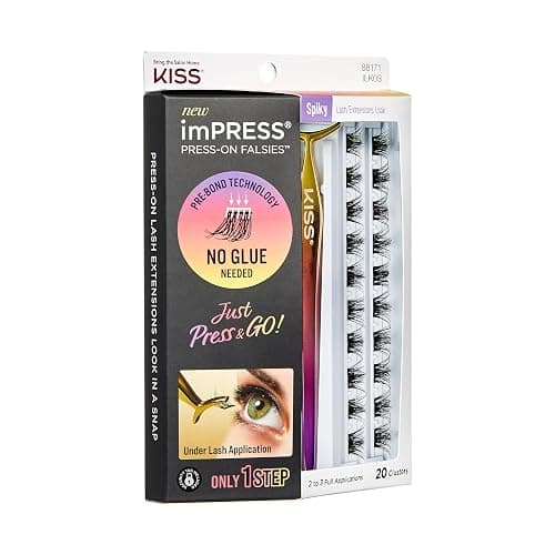 KISS imPRESS Falsies Press On Self Adhesive Eyelashes, 12mm-14mm Glam Volume Press On Lashes, Black, No Glue Needed, Invisible Band, 20 Lash Clusters & Non-Stick Applicator - Spiky thumbnail 2