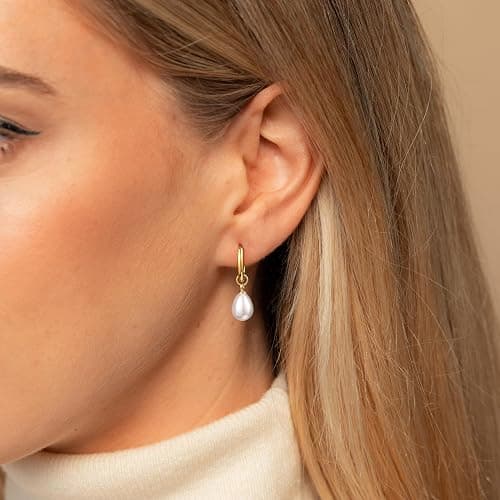 Robaice 14K Gold Plated Pearl Dangle Earrings for Women, Small Pearl Drop Huggie Hoop Earrings, Hypoallergenic Dainty Gold Wedding Earrings Jewelry Gifts for Women Trendy thumbnail 4