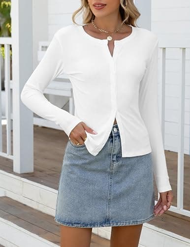 Gleenat Womens Ribbed Long Sleeve Button Down Up Shirts Lightweight Regular Length Cardigan Going Out Fall Tops XS-XL thumbnail 4