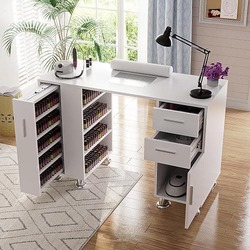 Manicure Table, Nail Tech Desk with Dust Collector, Acetone Resistant Nail Table Station with 4 Dust Bags & Wrist Rest, Beauty Salon Nail Supplies Workstation with Drawers Storage Cabinets, White - Image 1